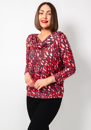 Yew Animal Print Cowl Neck Top, Red