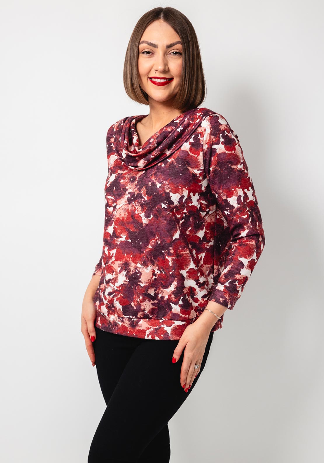 Yew Blurred Floral Cowl Neck Top, Wine