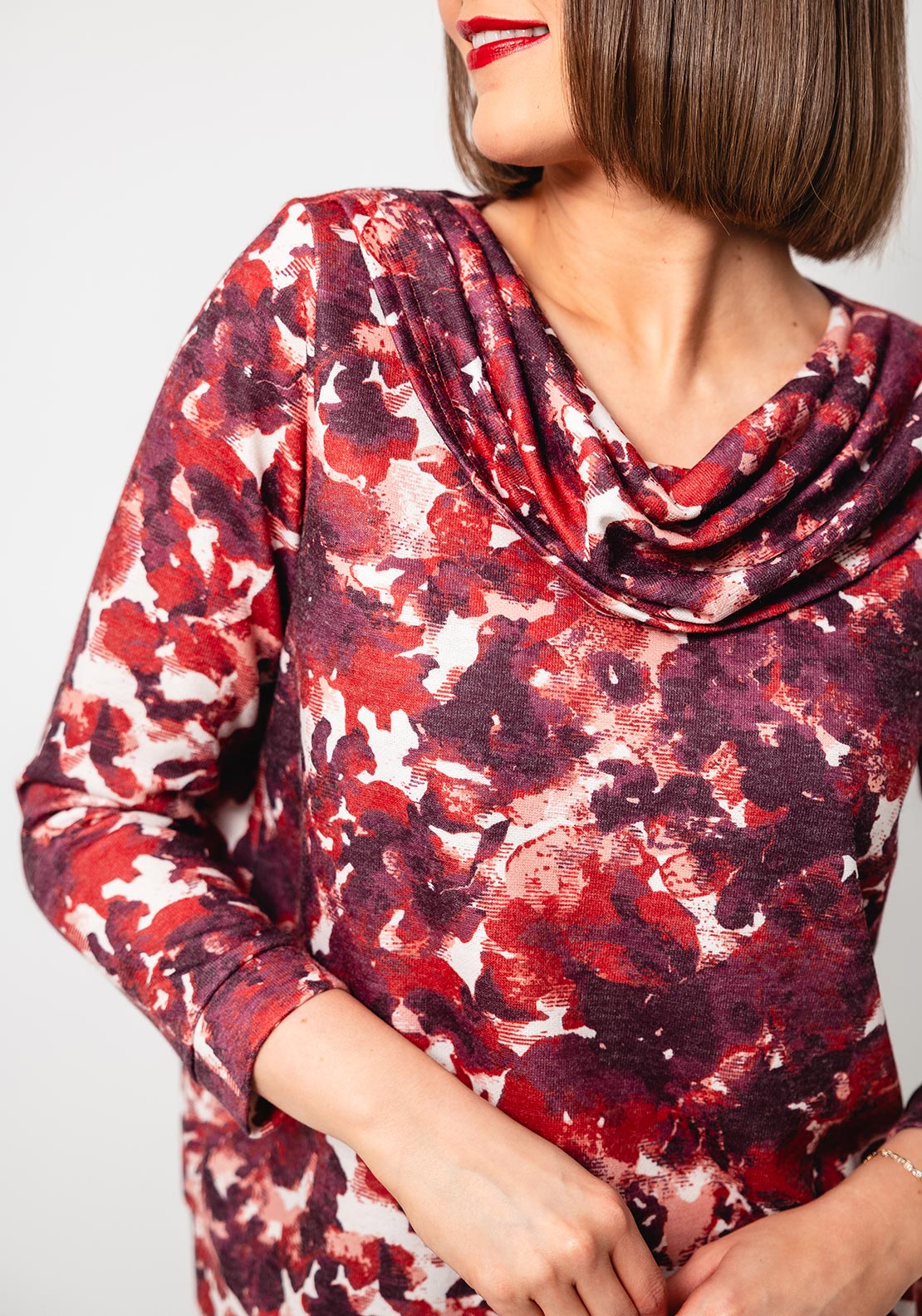 Yew Blurred Floral Cowl Neck Top, Wine