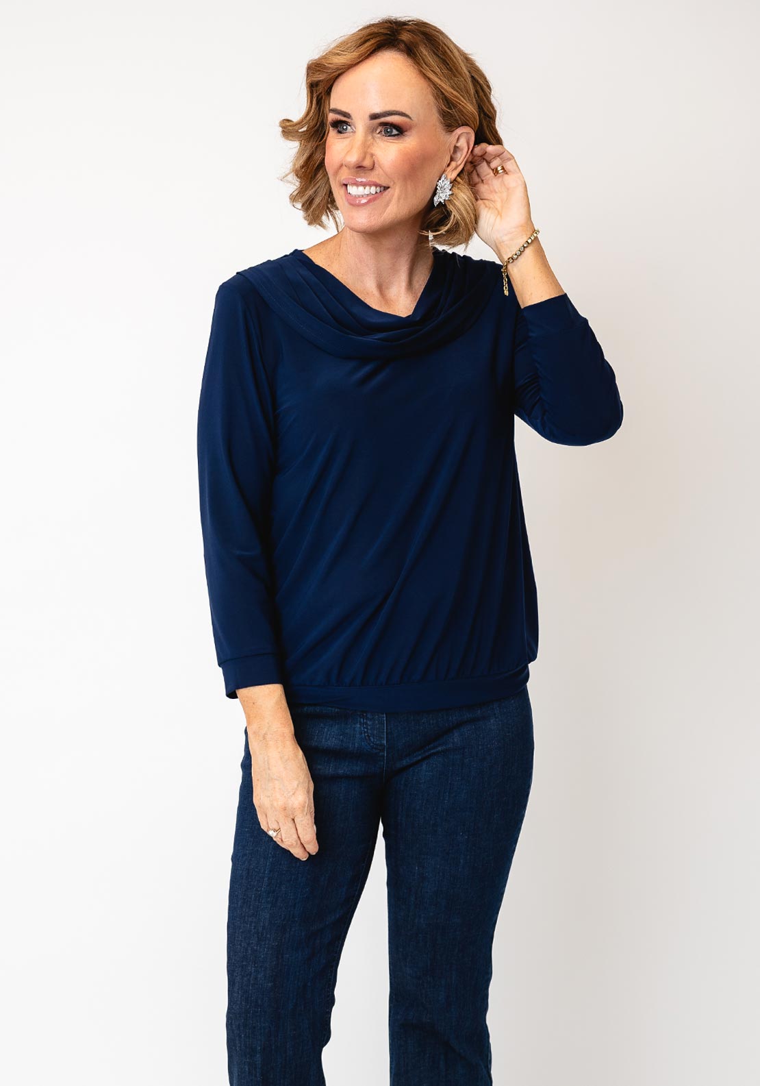 YEW Cowl Neck Cropped Sleeve Top, Navy