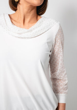 Yew Mesh Sparkle Cowl Neck Top, White