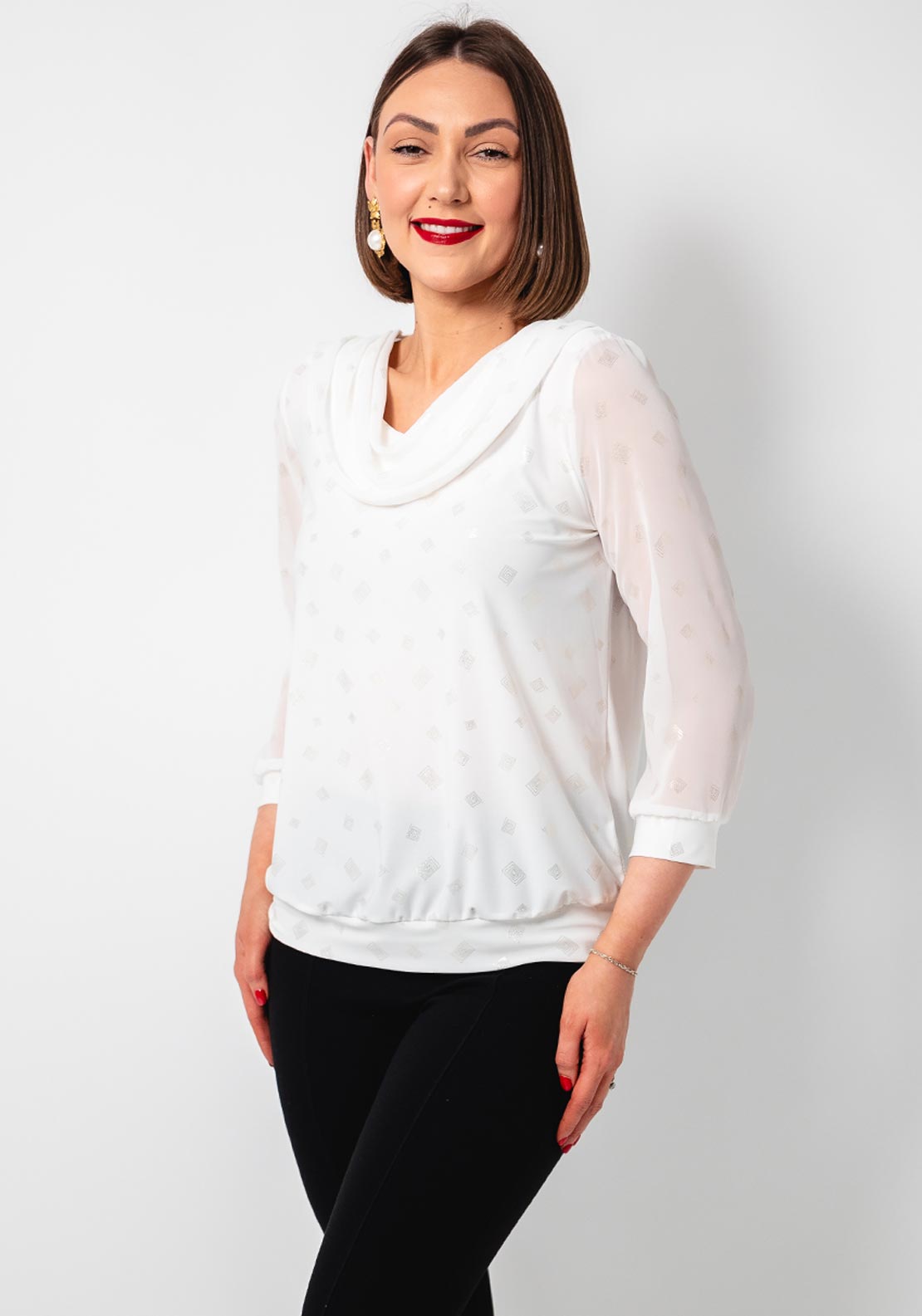 Yew Chiffon Cowl Neck Patterned Top, White