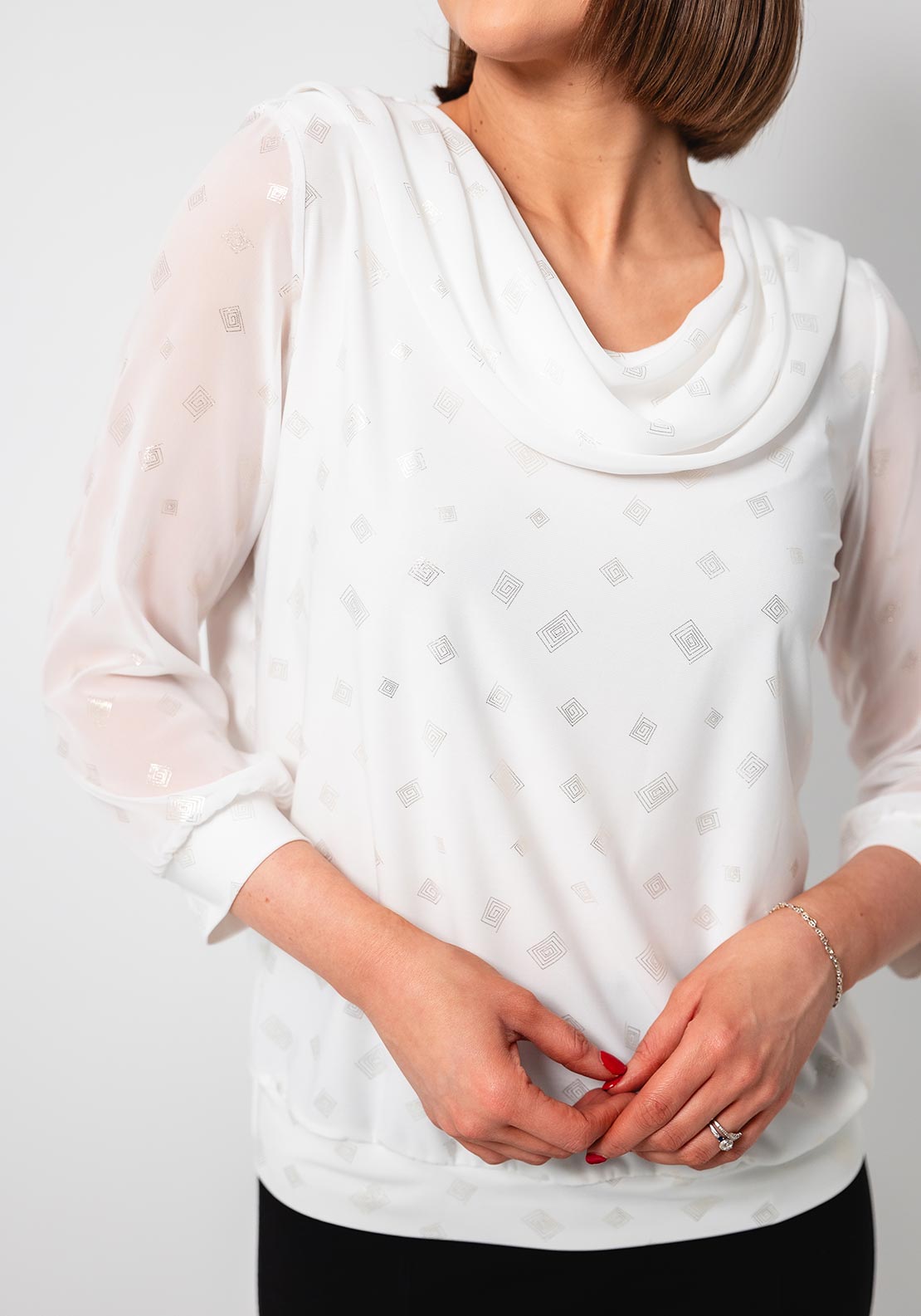 Yew Chiffon Cowl Neck Patterned Top, White