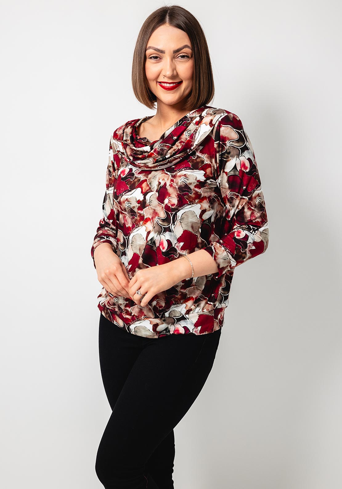 Yew Abstract Cowl Neck Top, Wine Multi