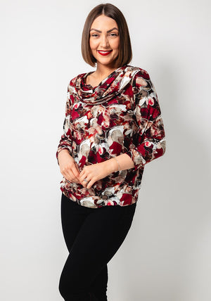 Yew Abstract Cowl Neck Top, Wine Multi