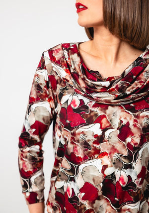 Yew Abstract Cowl Neck Top, Wine Multi