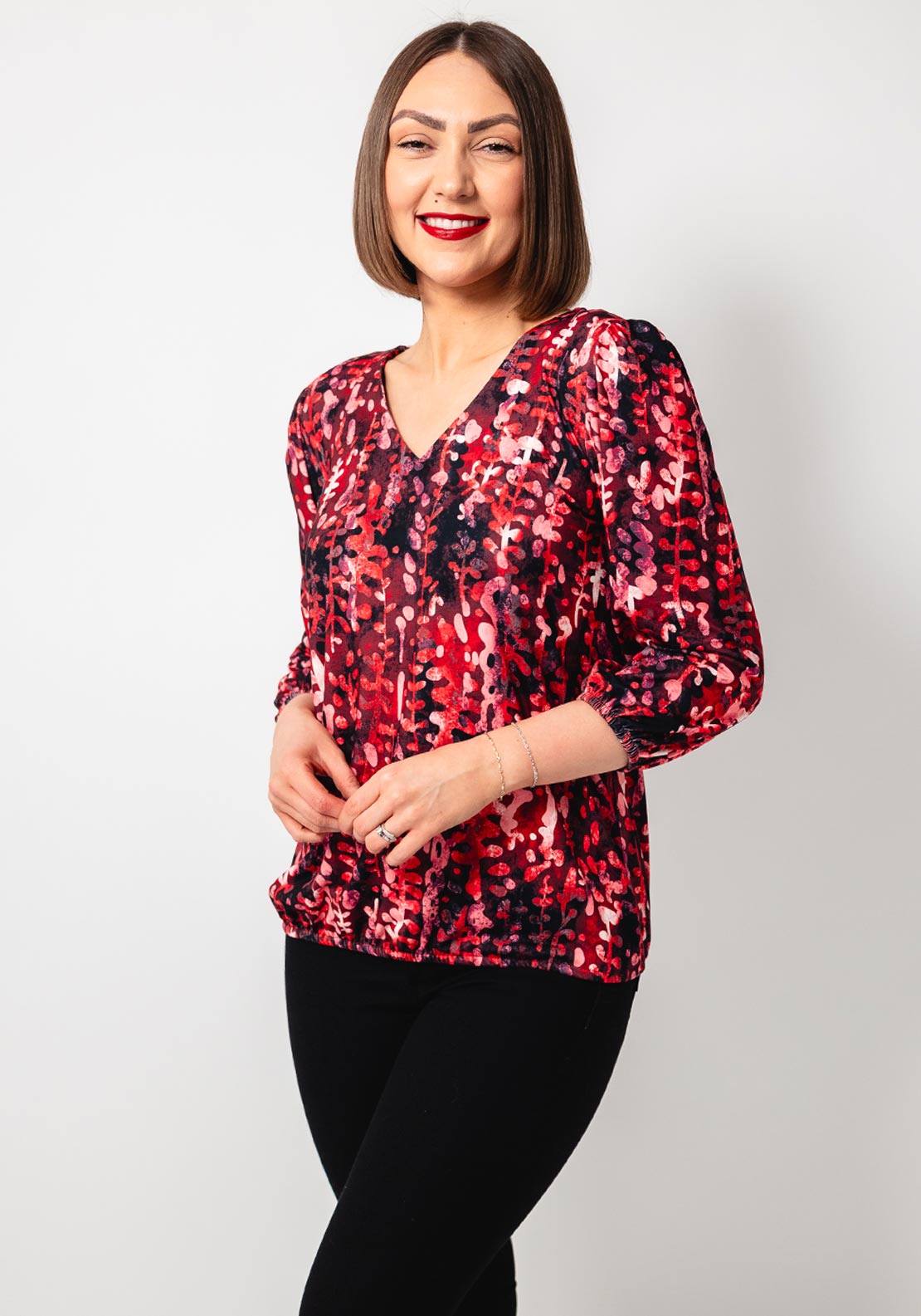 Yew Abstract Print V Neck Top, Red