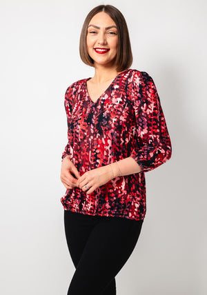 Yew Abstract Print V Neck Top, Red