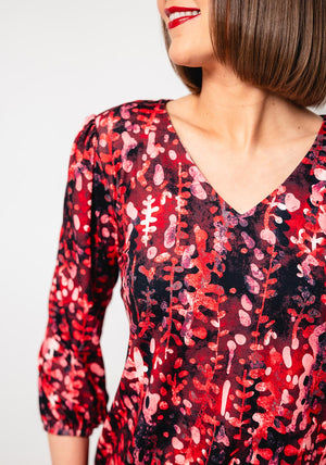 Yew Abstract Print V Neck Top, Red