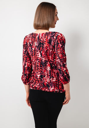 Yew Abstract Print V Neck Top, Red