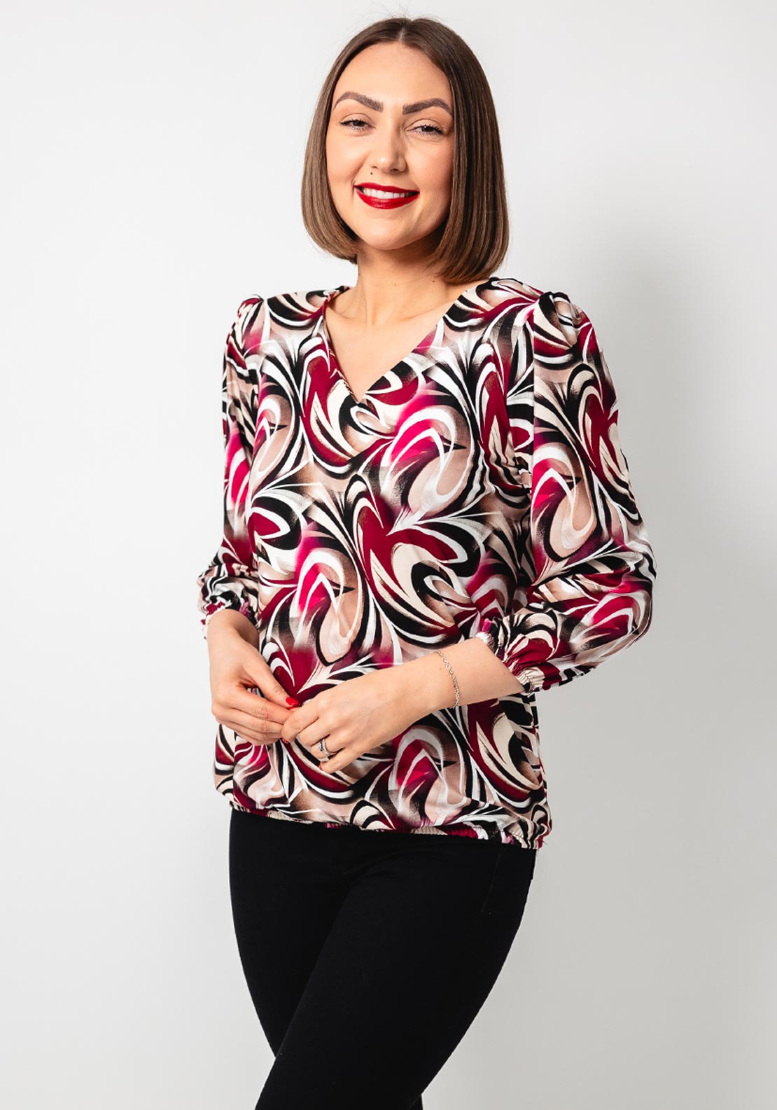 Yew Abstract Print V Neck Top, Beige