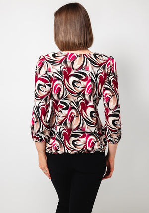 Yew Abstract Print V Neck Top, Beige