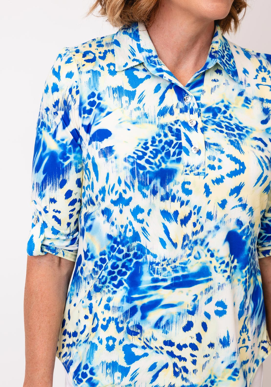 Yew Animal Print Button Detail Blouse, Blue & Yellow