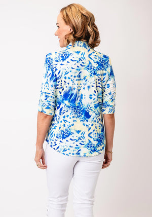 Yew Animal Print Button Detail Blouse, Blue & Yellow