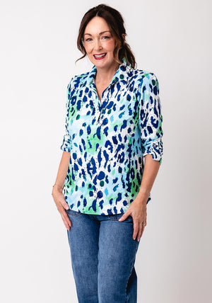 Yew Animal Print Button Detail Blouse, Blue
