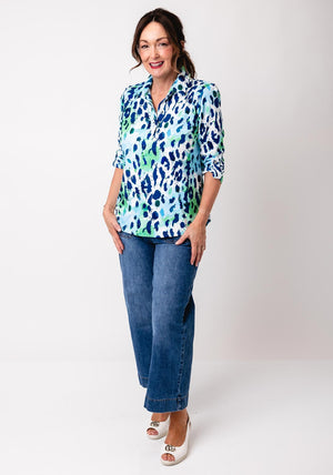 Yew Animal Print Button Detail Blouse, Blue