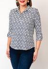 Yew Lattice Print Half Button Top, Navy & White