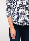 Yew Lattice Print Half Button Top, Navy & White