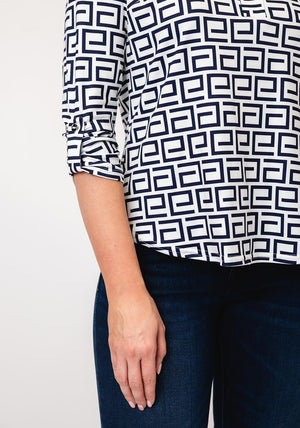 Yew Lattice Print Half Button Top, Navy & White