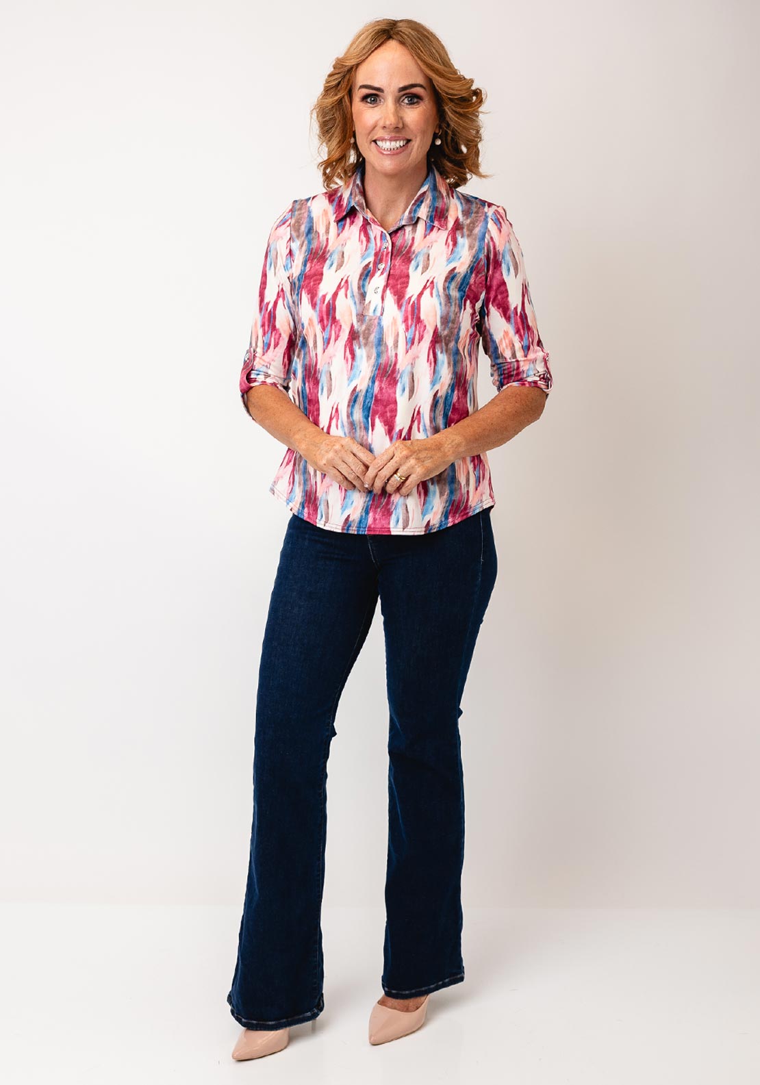 Yew Abstract Print Half Button Top, Pink Multi