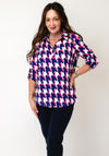 Yew Abstract Houndstooth Print Half Button Top, Blue & Pink