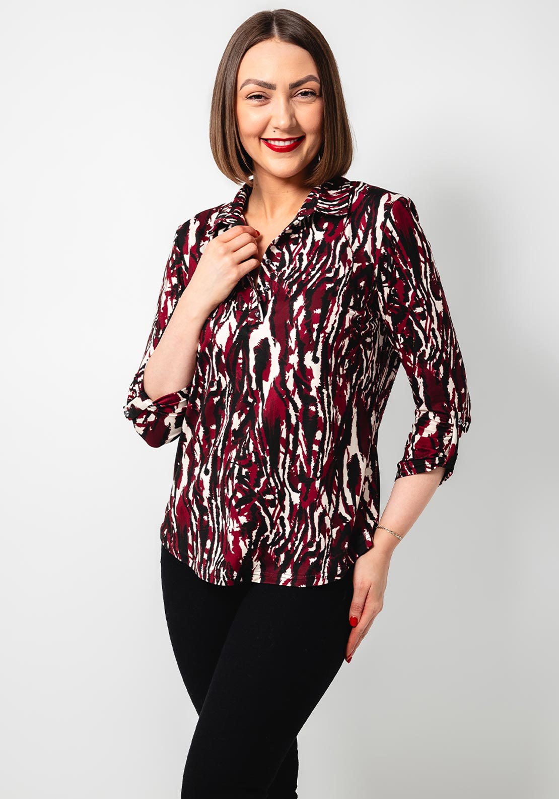 Yew Abstract Print Jersey Blouse, Wine