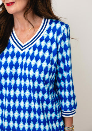 YEW Geometric Print V-neck Top, Blue