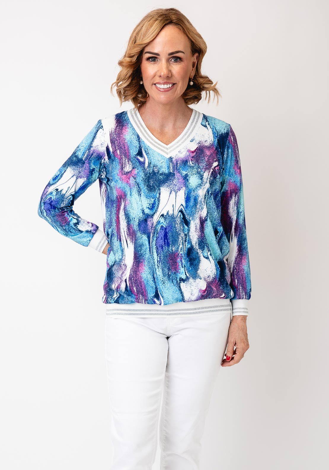 Yew V Neck Abstract Print Top, Blue