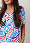 Yew Zebra Print V Neck Top, Blue Multi