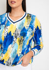 Leon Collection Multi Print V Neck Top, Blue and Yellow