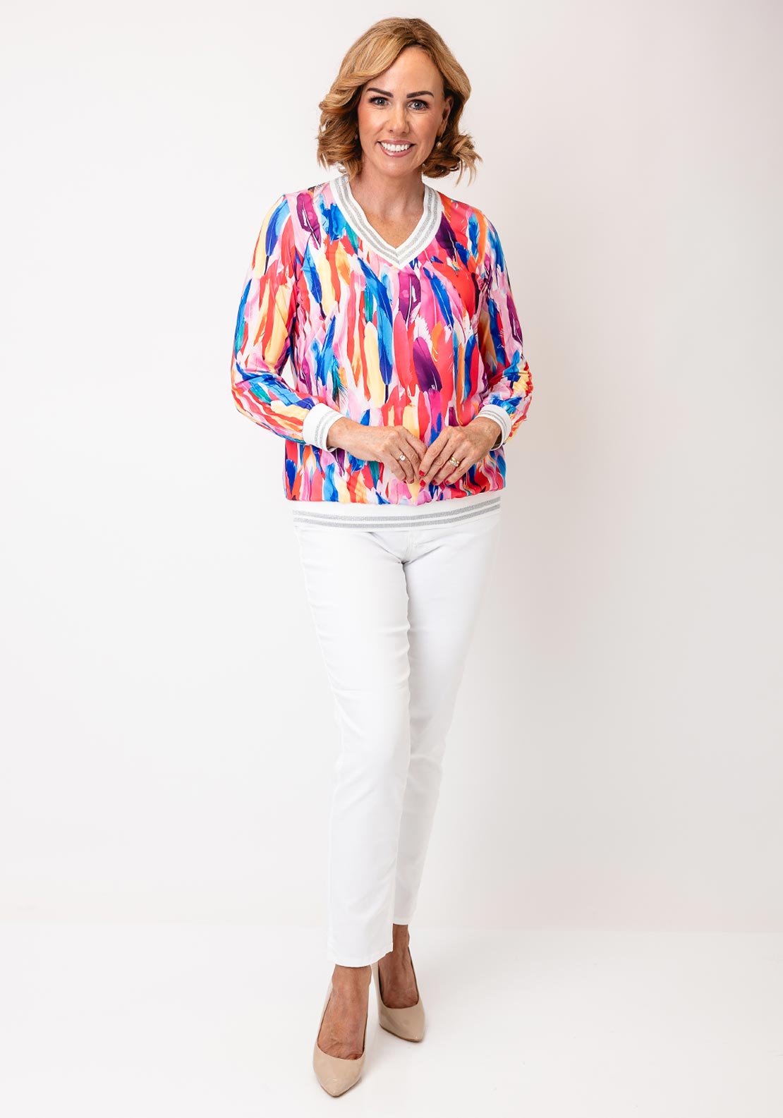 Yew V Neck Feather Print Top, Multi-Coloured