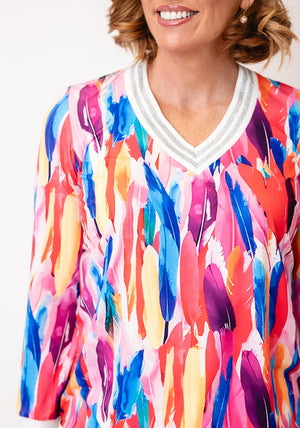 Yew V Neck Feather Print Top, Multi-Coloured