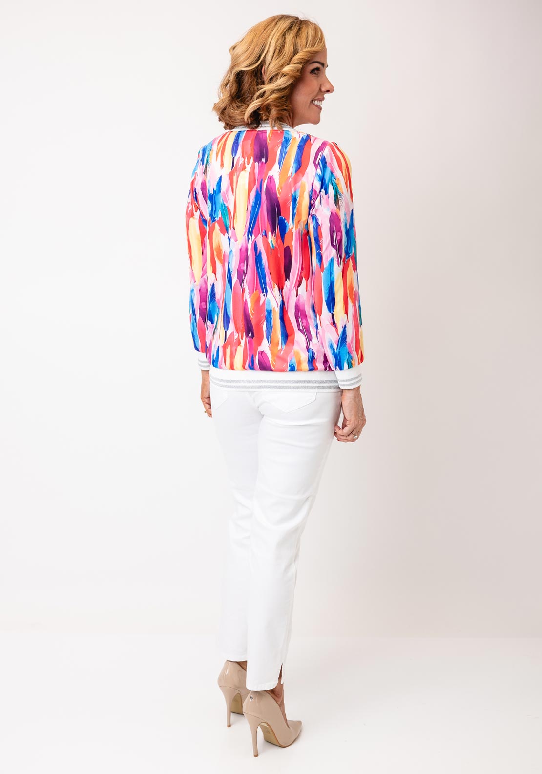 Yew V Neck Feather Print Top, Multi-Coloured