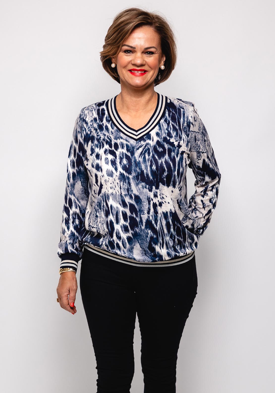 Yew V Neck Animal Print Top, Navy Multi