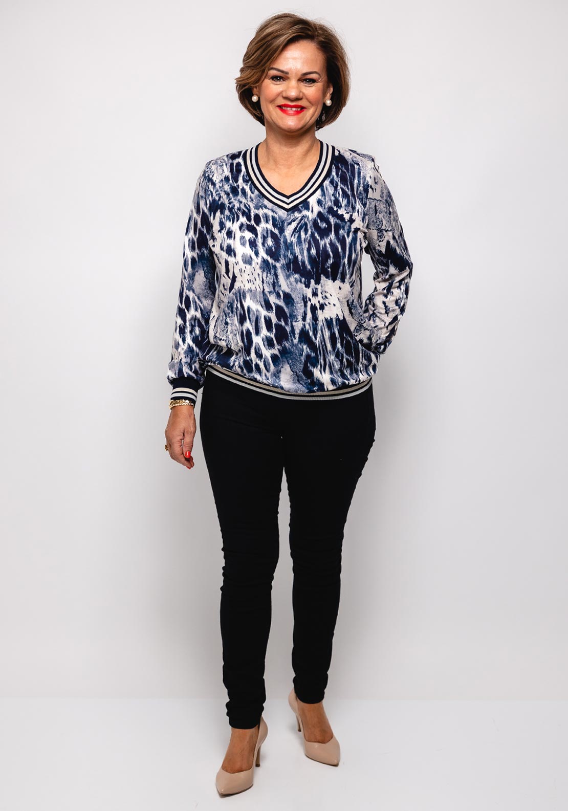 Yew V Neck Animal Print Top, Navy Multi