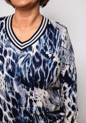 Yew V Neck Animal Print Top, Navy Multi