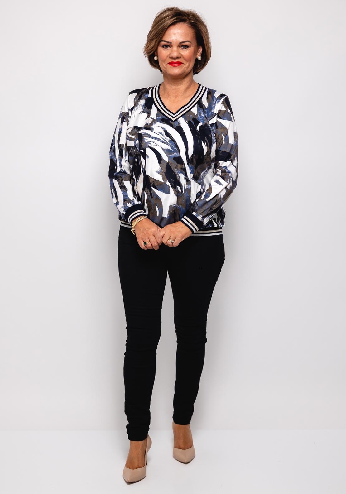 Yew V Neck Abstract Print Top, Grey Multi