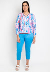Leon Collection Abstract Print V Neck Top, Pink and Blue