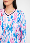 Leon Collection Abstract Print V Neck Top, Pink and Blue