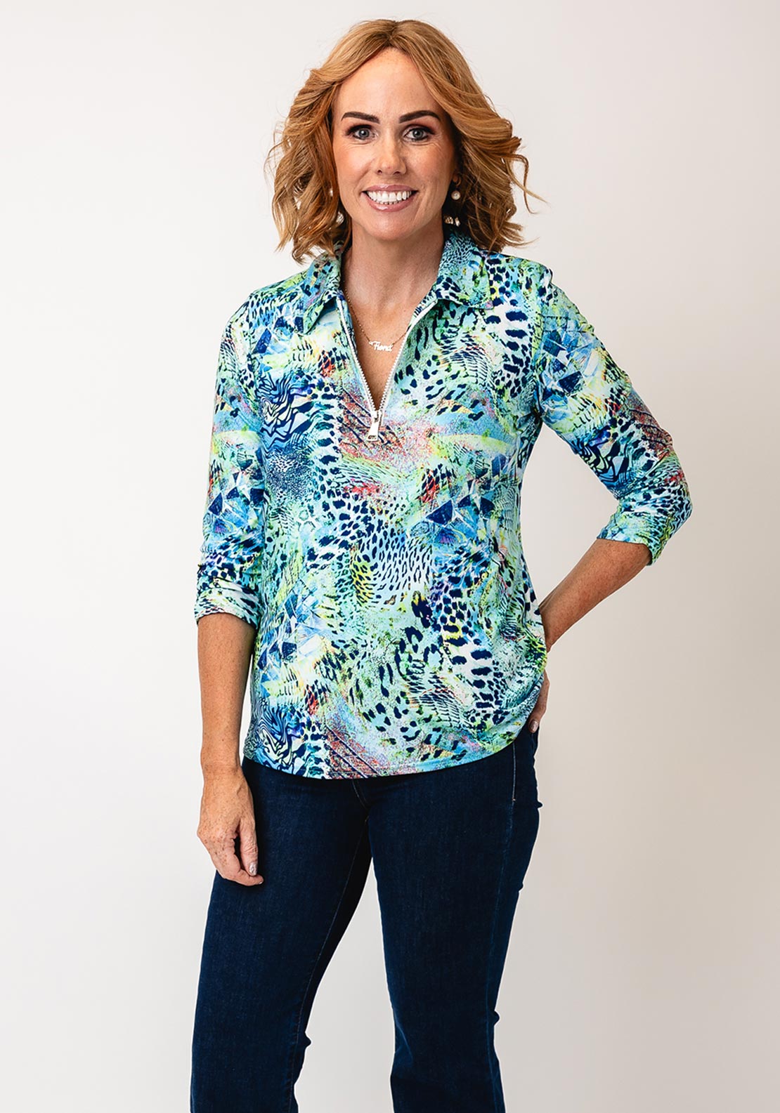 Yew Abstract Print Zip Front Blouse, Green