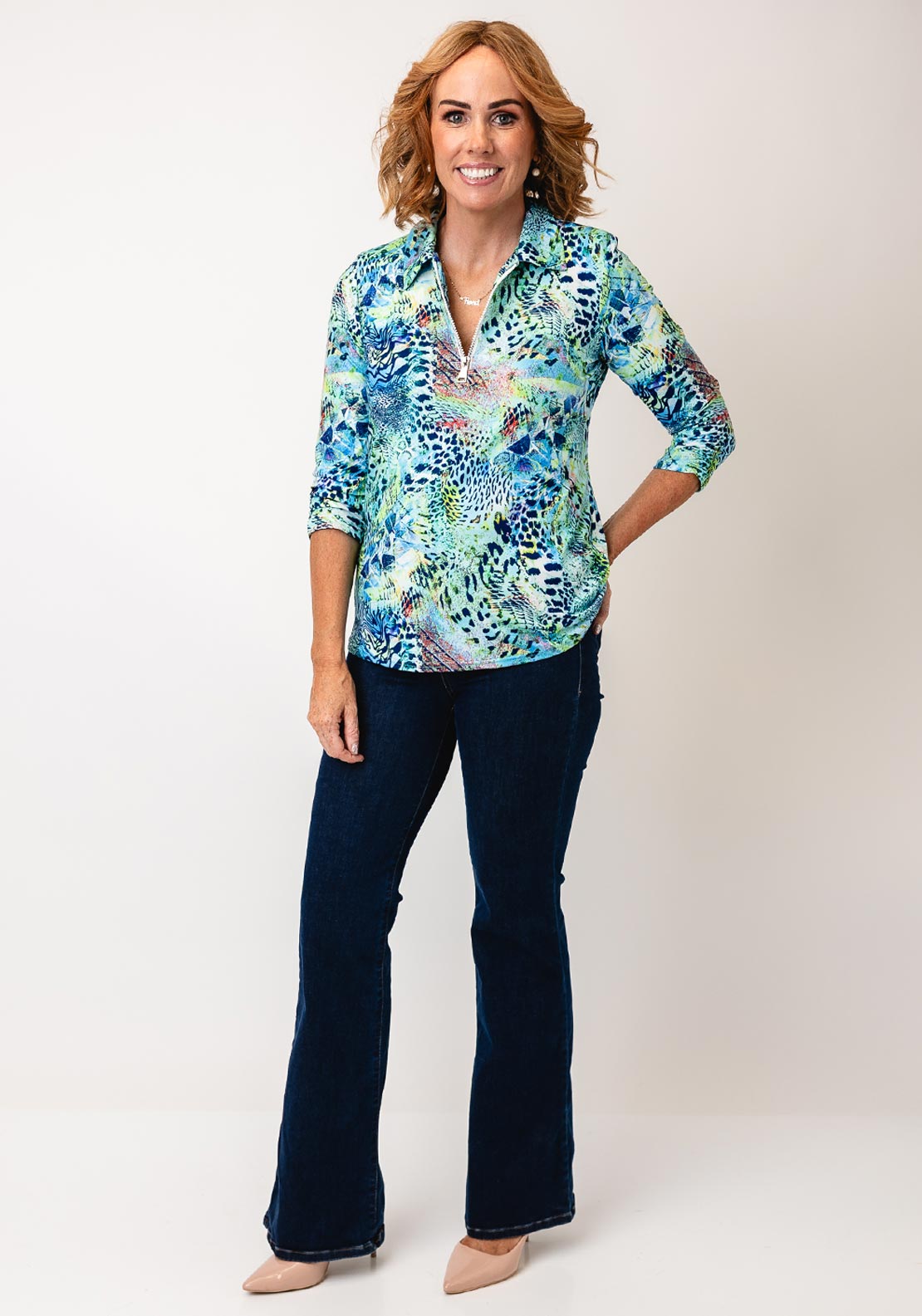 Yew Abstract Print Zip Front Blouse, Green