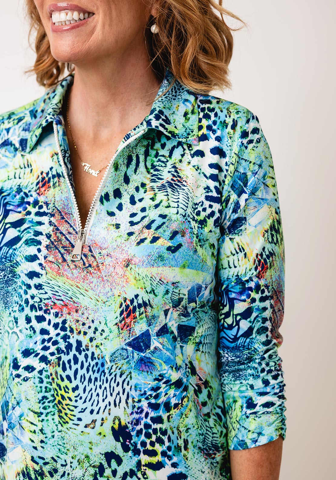 Yew Abstract Print Zip Front Blouse, Green