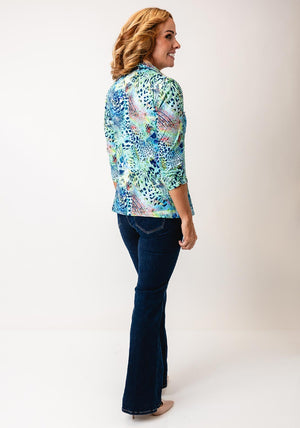 Yew Abstract Print Zip Front Blouse, Green