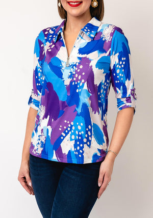 Yew Abstract Print Zip Front Blouse, Purple & Blue
