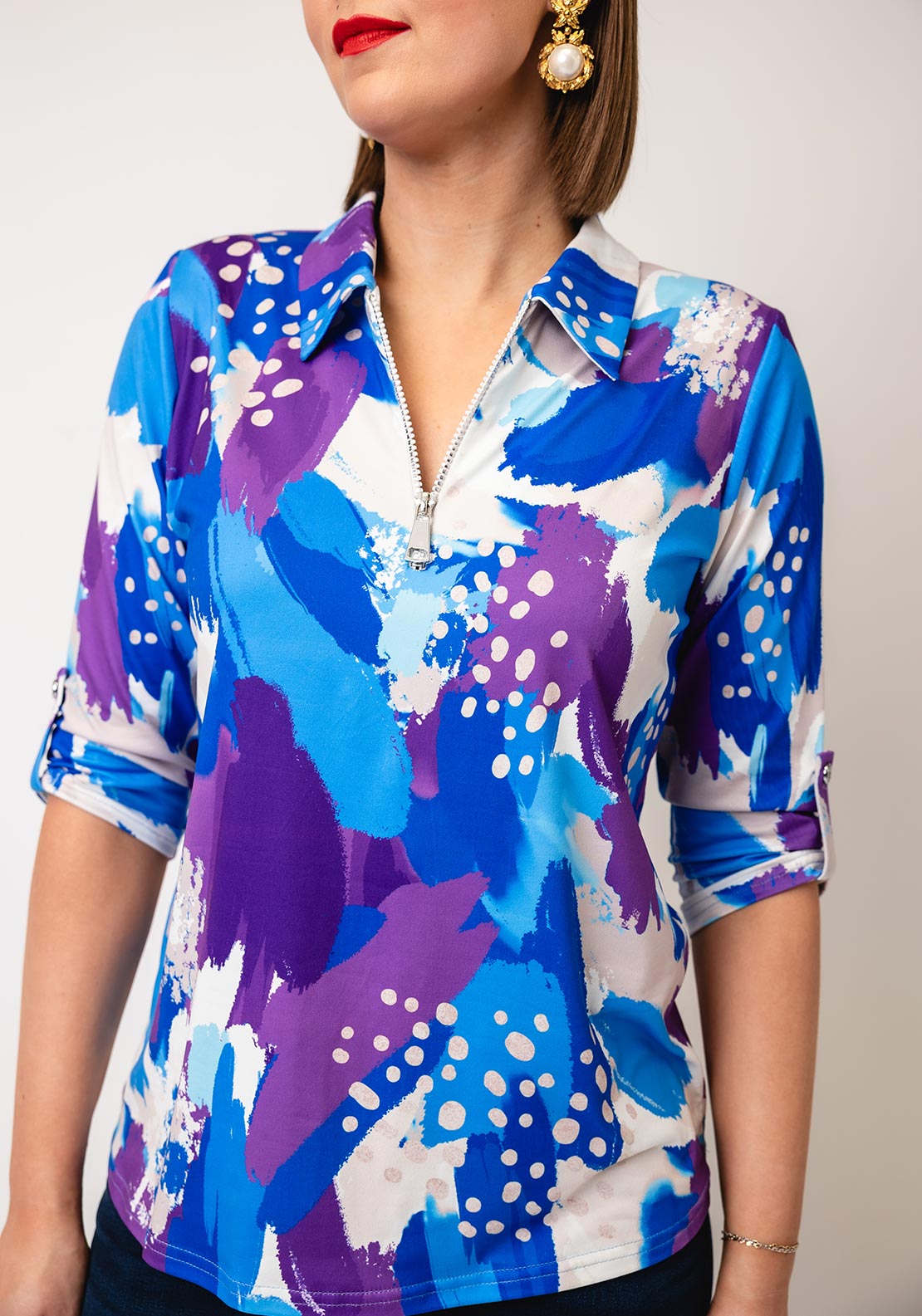 Yew Abstract Print Zip Front Blouse, Purple & Blue