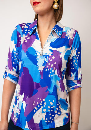 Yew Abstract Print Zip Front Blouse, Purple & Blue