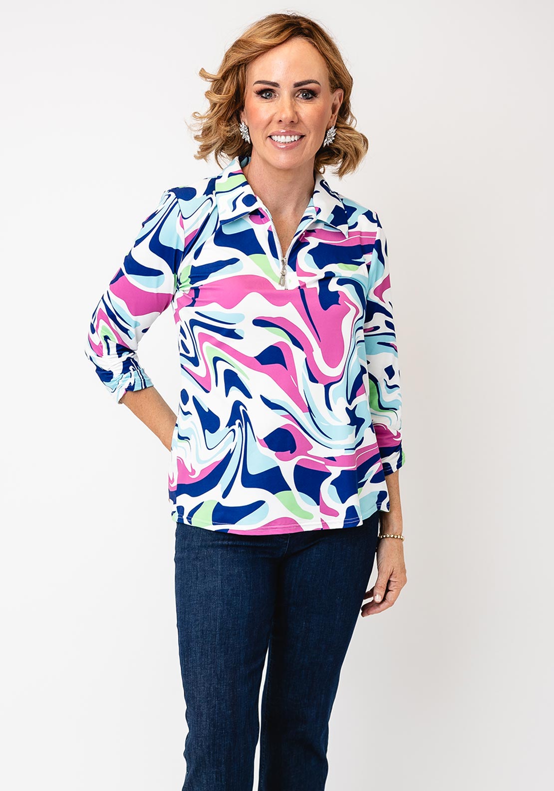 Yew Abstract Print Zip Front Blouse, Multi-Coloured