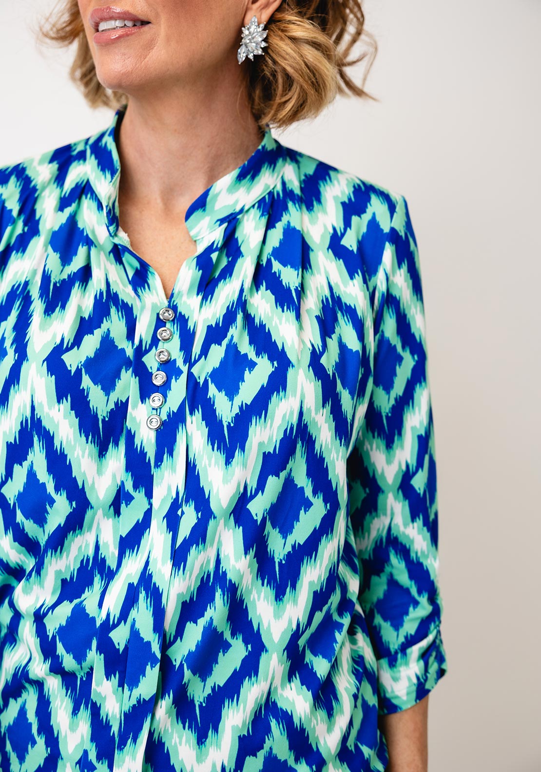 YEW Abstract Geo Print Button Detail Top, Green & Blue