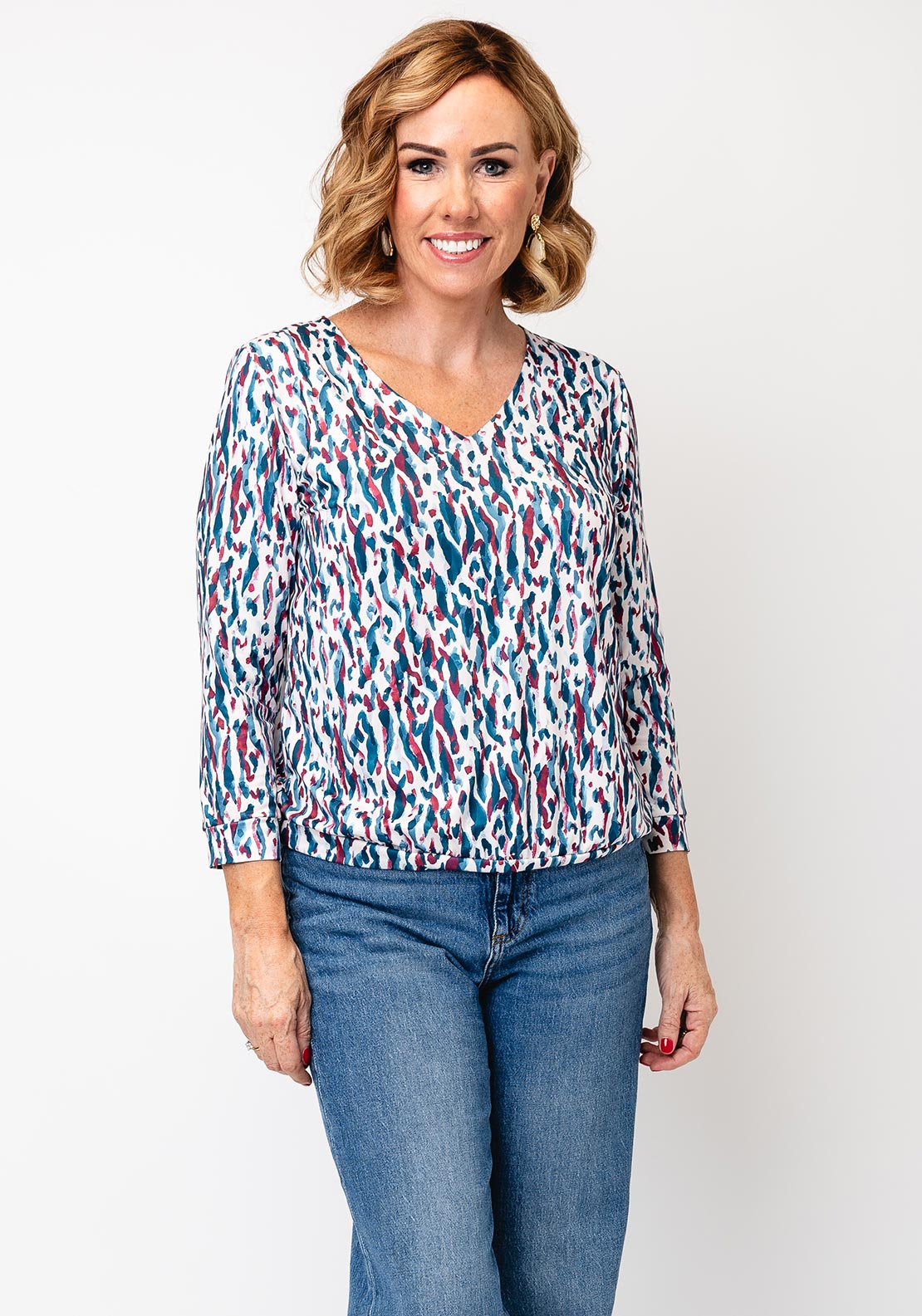 YEW Splash Print V- Neck Top, Blue