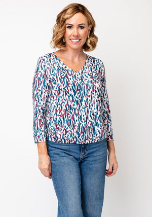 YEW Splash Print V- Neck Top, Blue